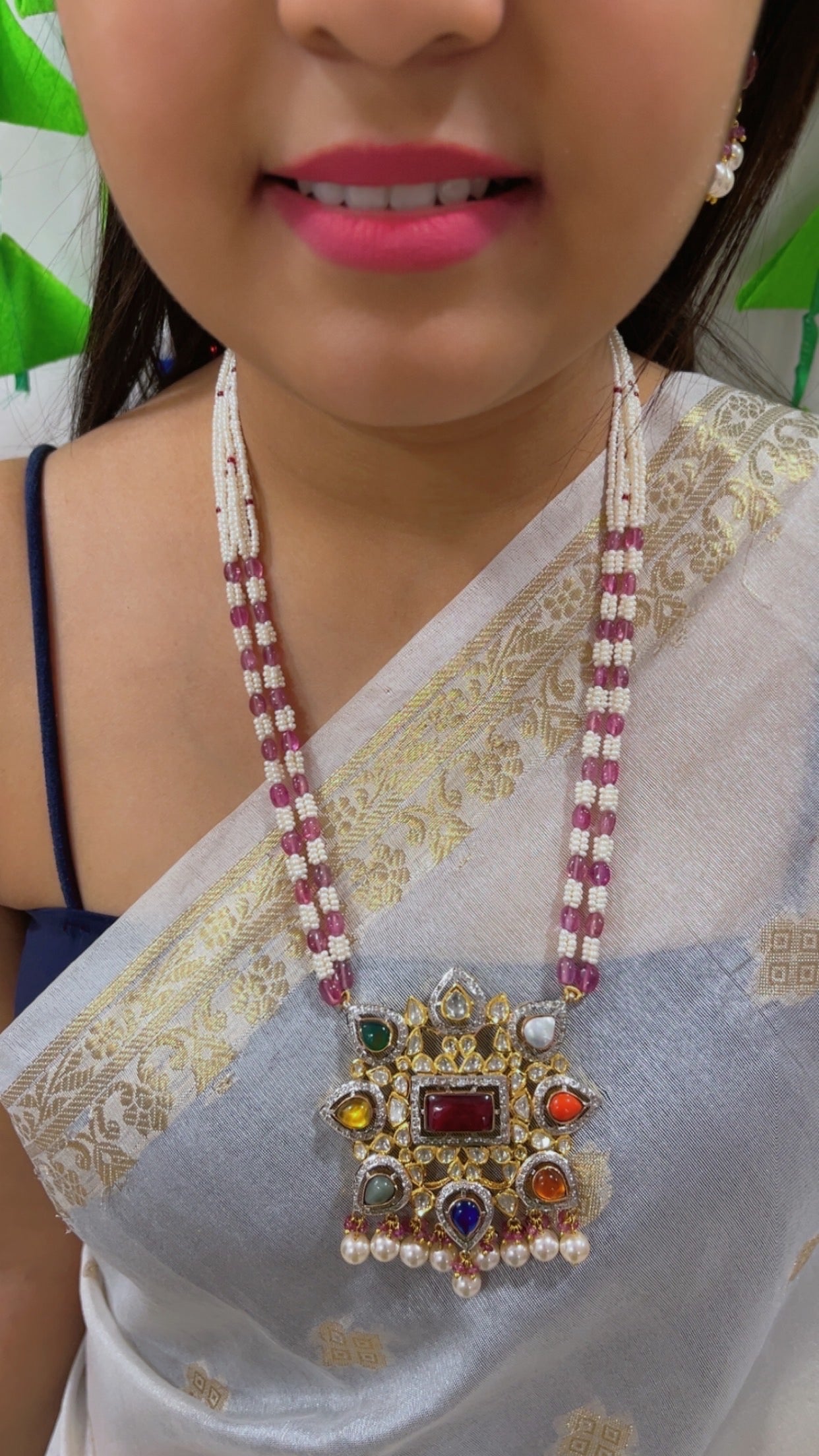 14K Gold Hallmarked Diamond Polki Navratan Necklace Jewelry