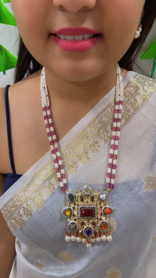 14K Gold Hallmarked Diamond Polki Navratan Necklace Jewelry
