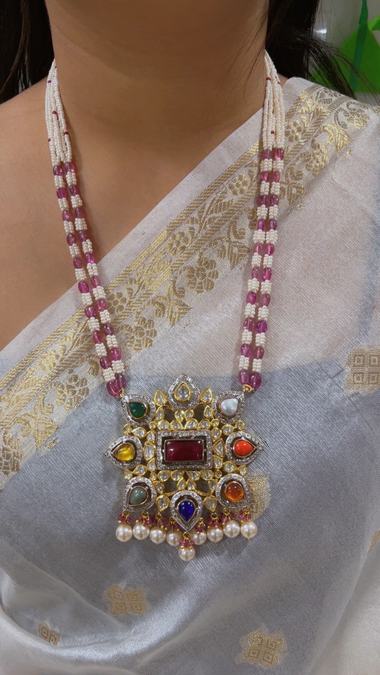 14K Gold Hallmarked Diamond Polki Navratan Necklace Jewelry