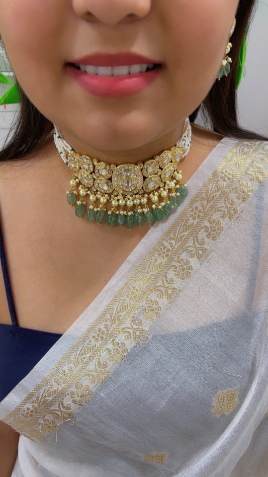 18K Gold Hallmarked Diamond Polki Necklace Jewelry