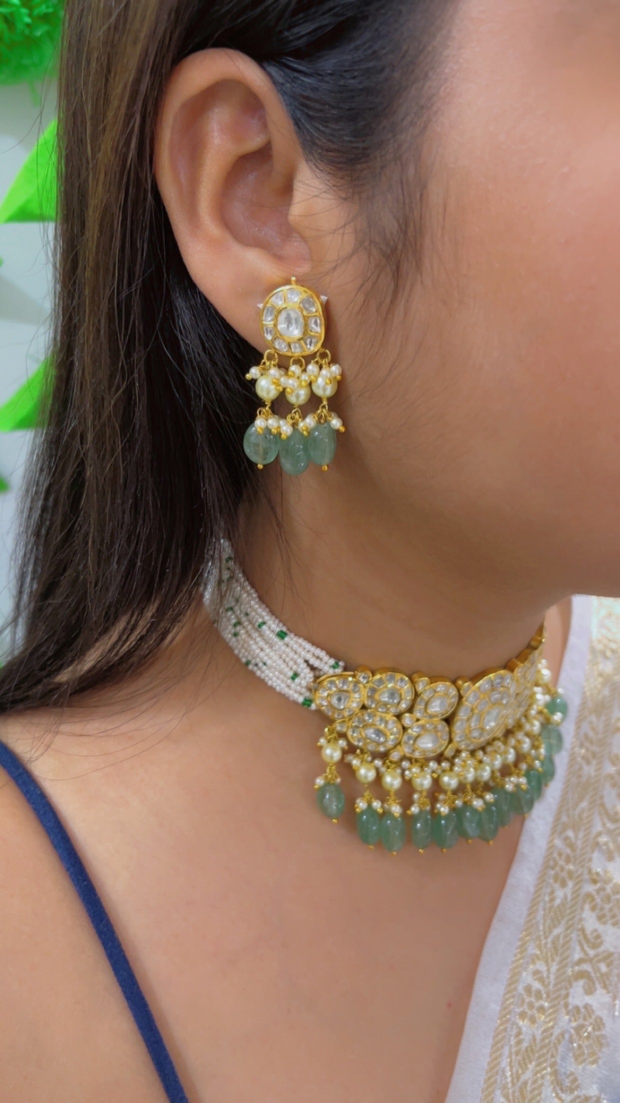 18K Gold Hallmarked Diamond Polki Necklace Jewelry