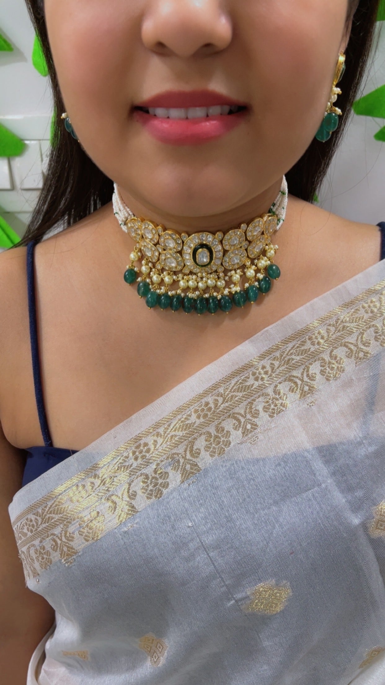 18K Gold Hallmarked Diamond Polki Necklace Jewelry