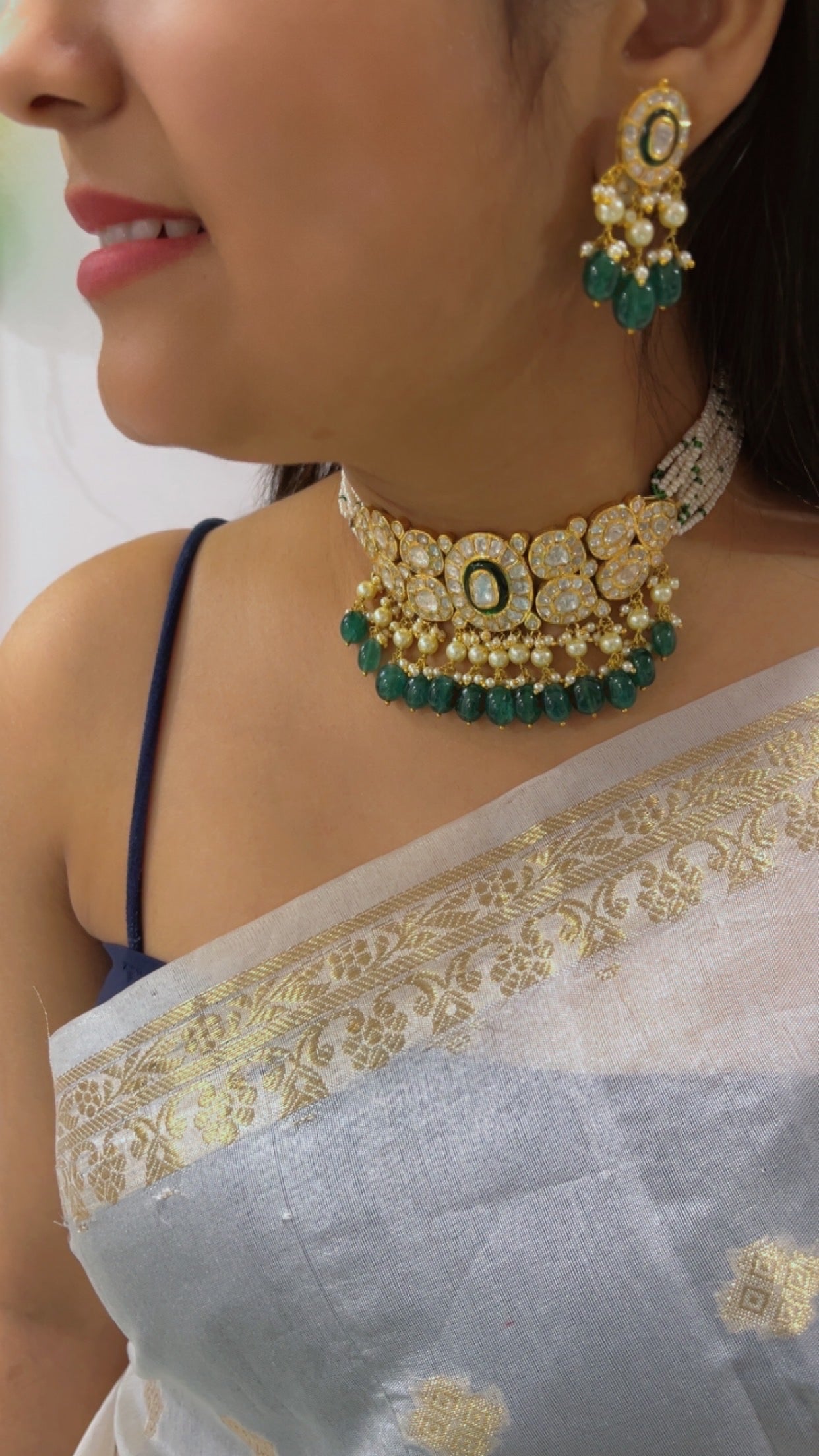 18K Gold Hallmarked Diamond Polki Necklace Jewelry