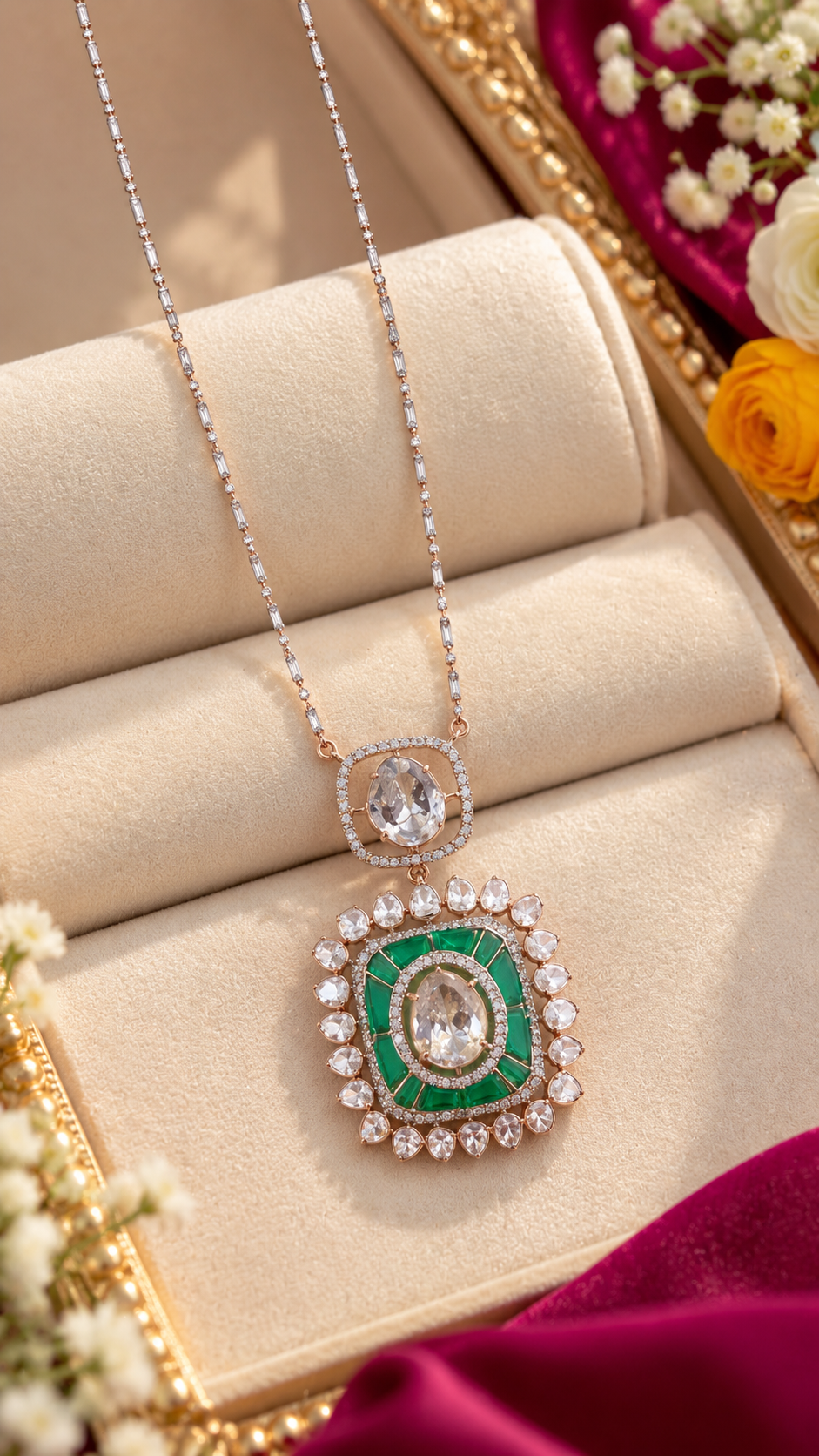 Designer 18 Karat Gold Polki Necklace with Natural Green Emerald