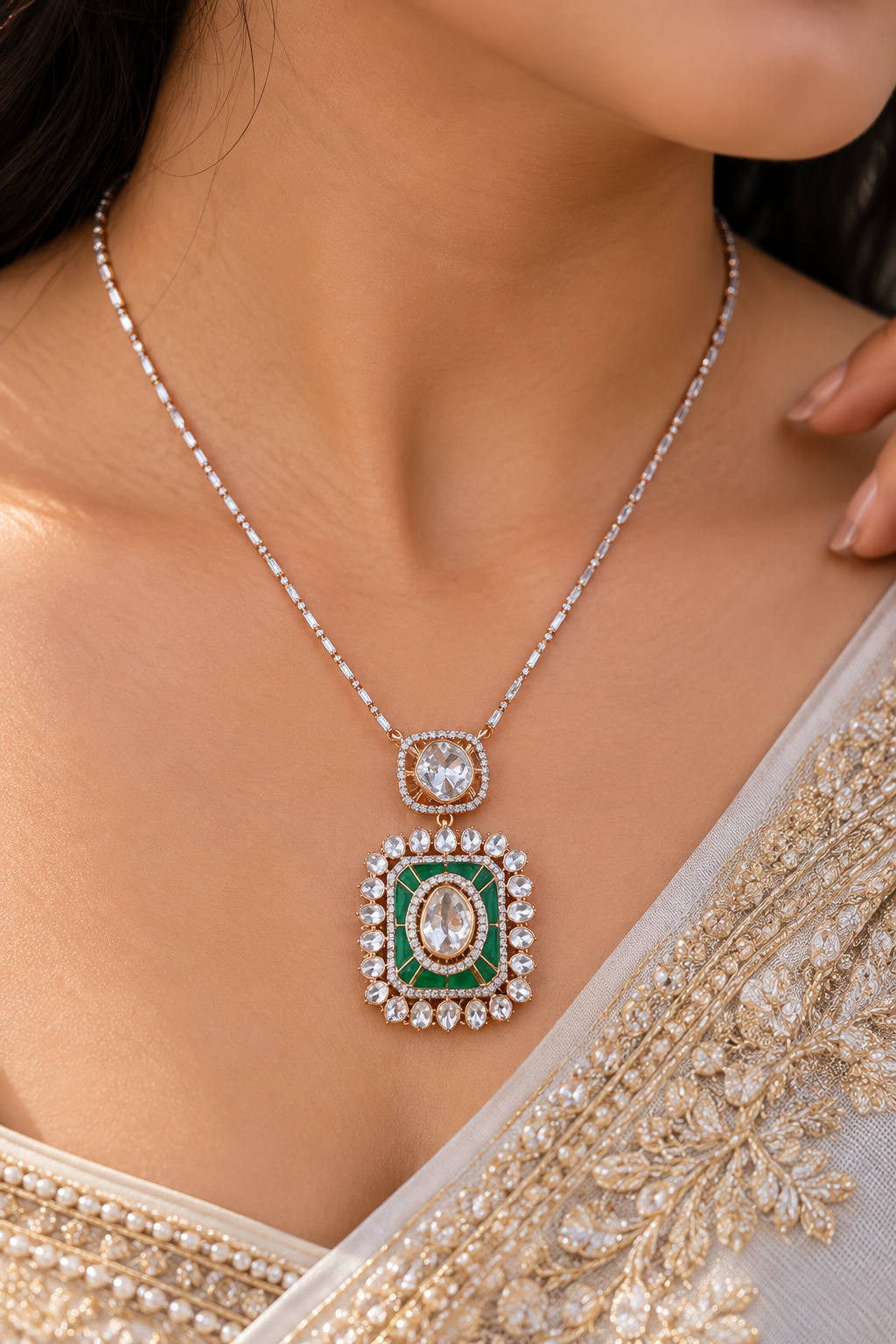Designer 18 Karat Gold Polki Necklace with Natural Green Emerald