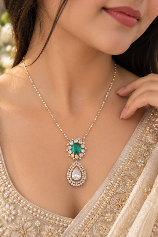 Designer 18 Karat Gold Natural Green Emerald & Polki Diamond Pendant Necklace
