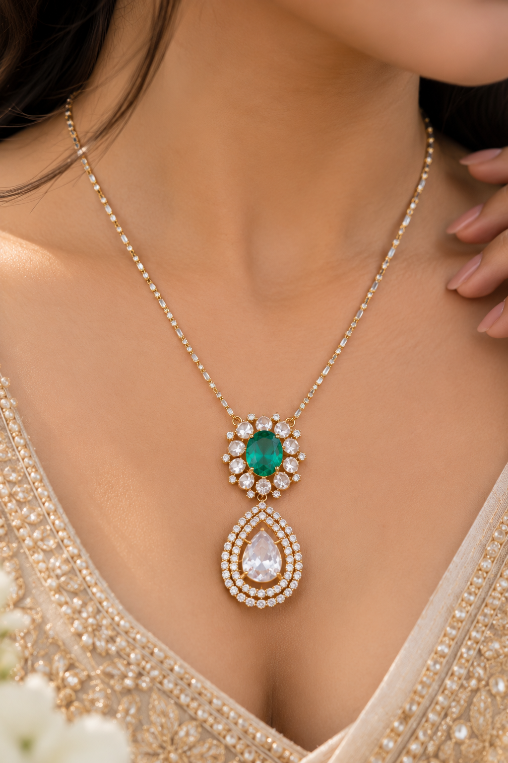 Designer 18 Karat Gold Natural Green Emerald & Polki Diamond Pendant Necklace