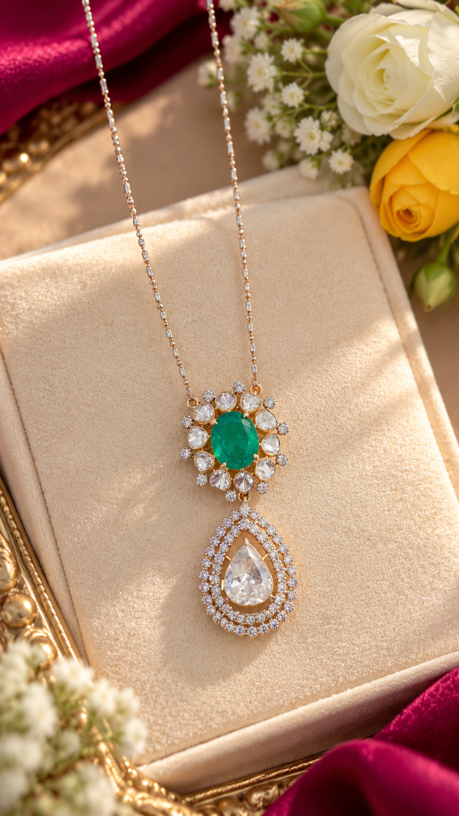 Designer 18 Karat Gold Natural Green Emerald & Polki Diamond Pendant Necklace