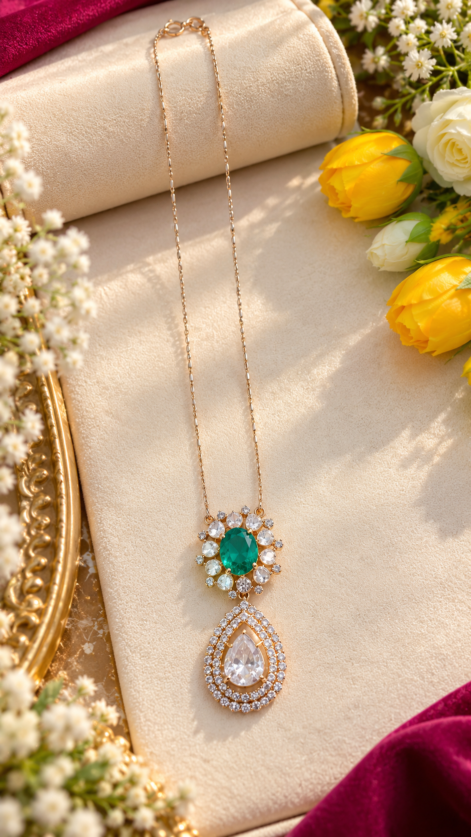 Designer 18 Karat Gold Natural Green Emerald & Polki Diamond Pendant Necklace
