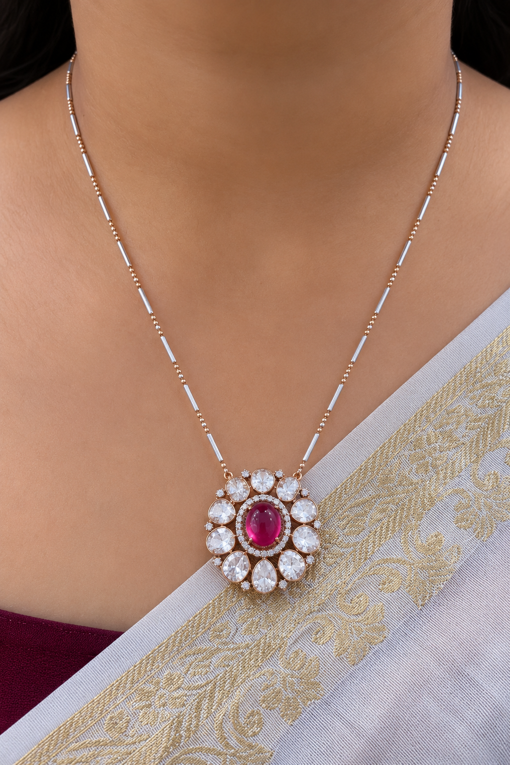 Designer 14 Karat Gold Chain with Ruby Polki Pendant Necklace