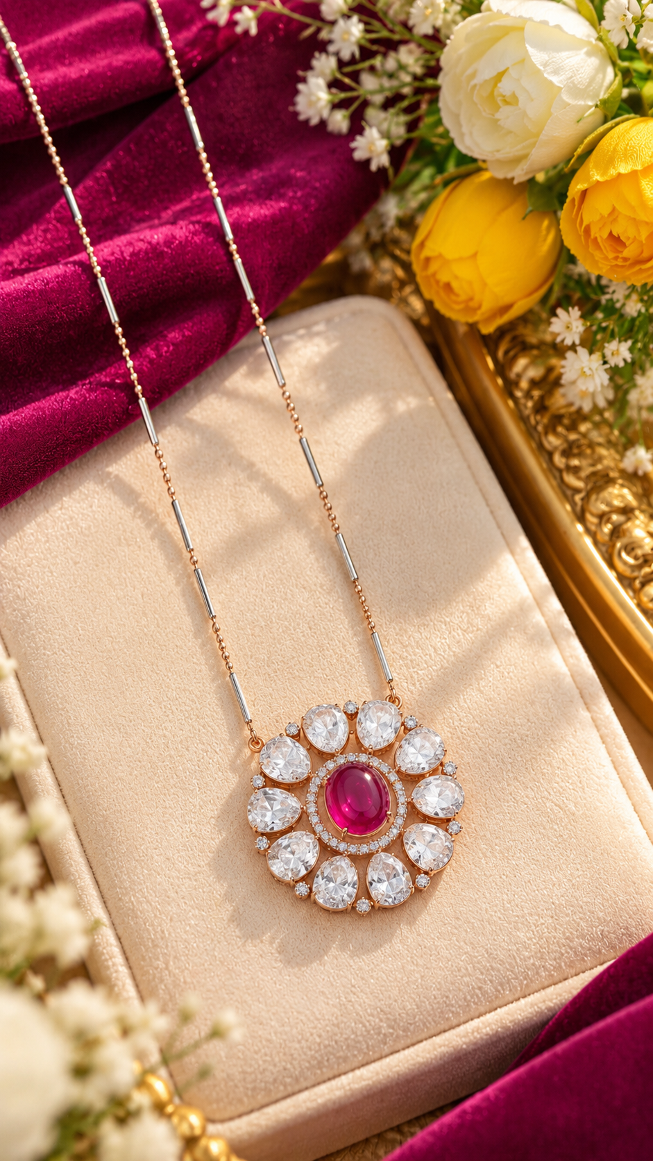 Designer 14 Karat Gold Chain with Ruby Polki Pendant Necklace