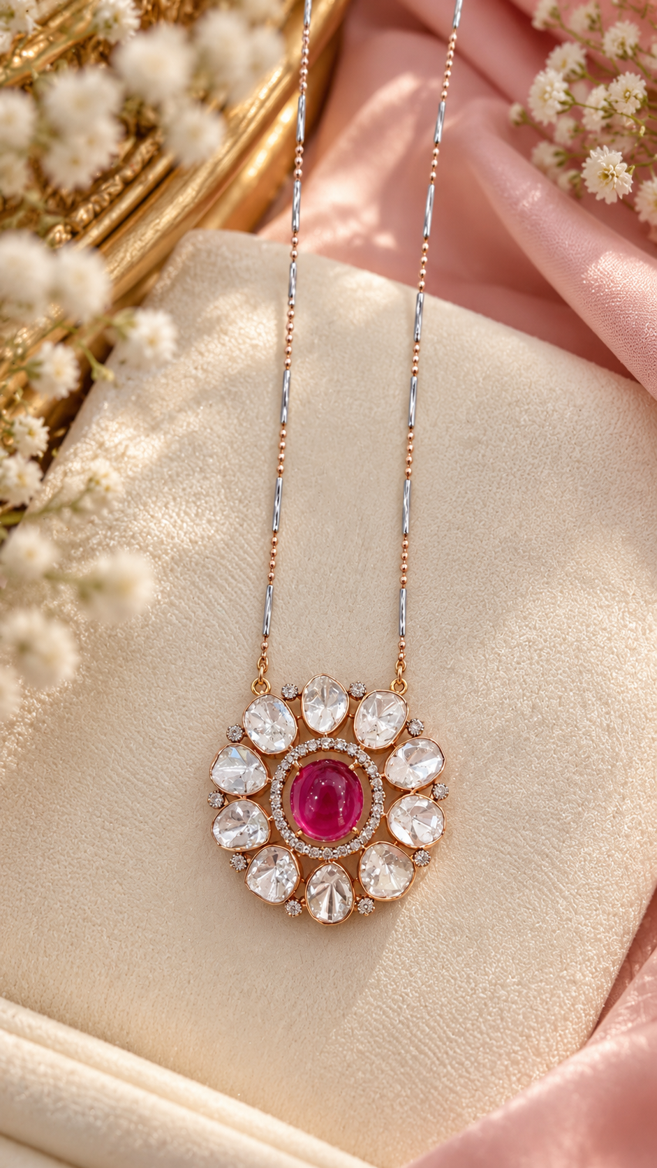 Designer 14 Karat Gold Chain with Ruby Polki Pendant Necklace