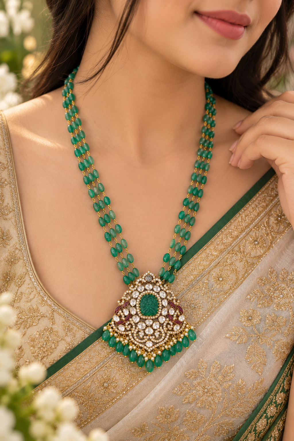 Designer 14 Karat Gold Natural Emerald Beads Polki Pendant Necklace