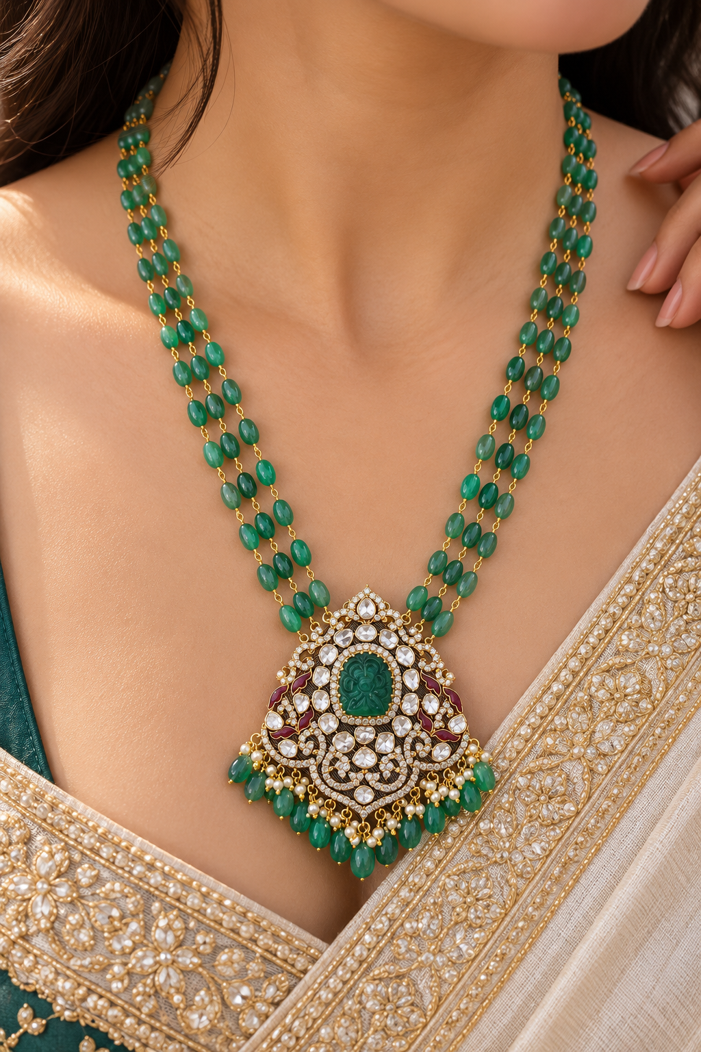 Designer 14 Karat Gold Natural Emerald Beads Polki Pendant Necklace