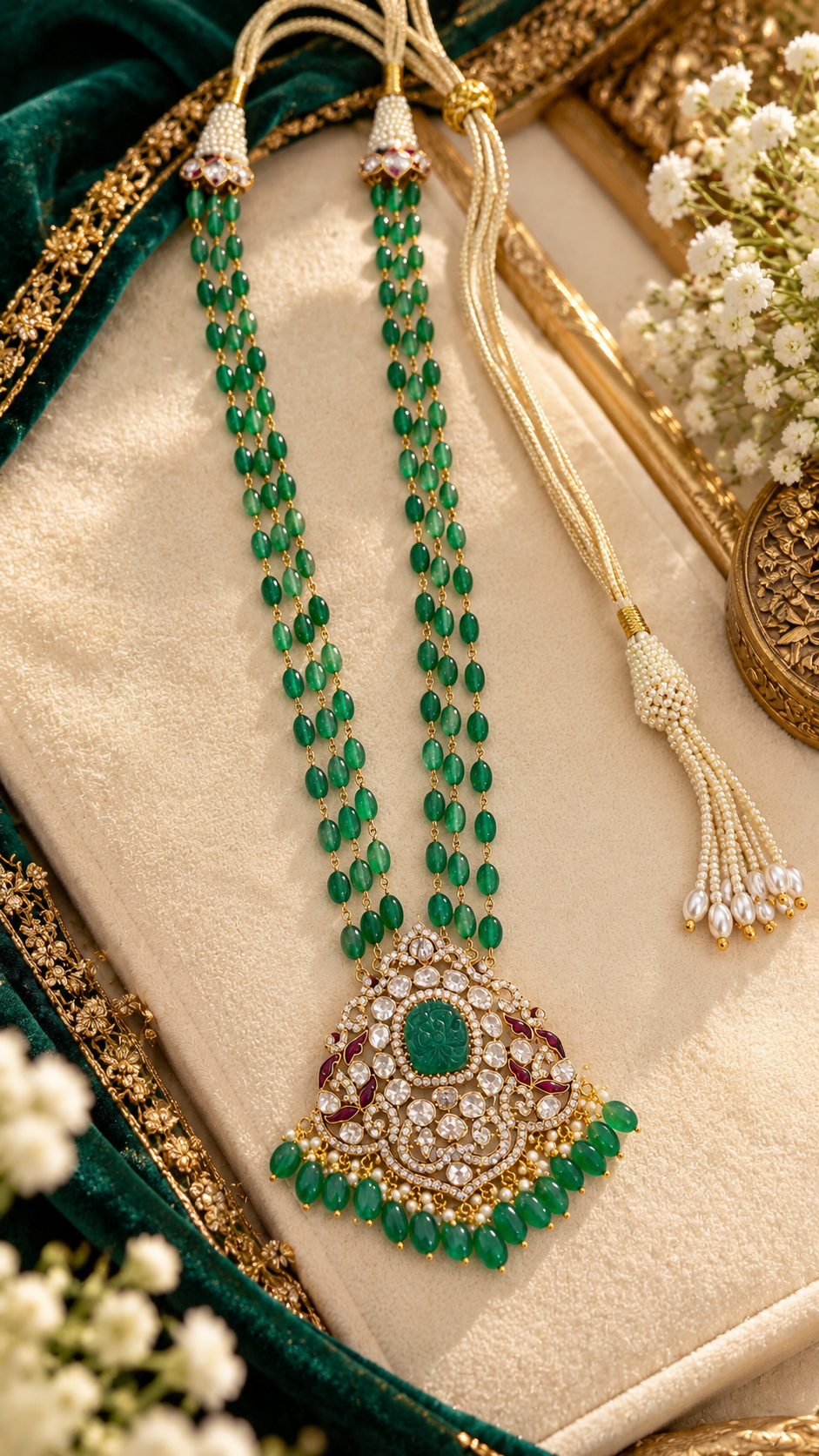 Designer 14 Karat Gold Natural Emerald Beads Polki Pendant Necklace