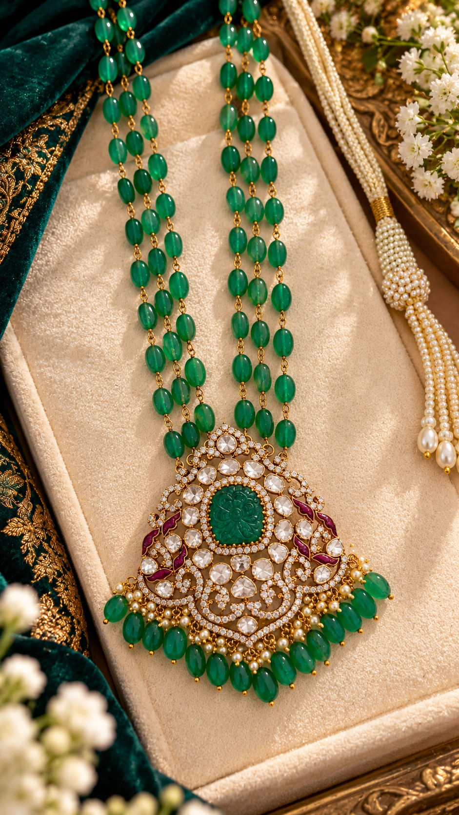 Designer 14 Karat Gold Natural Emerald Beads Polki Pendant Necklace