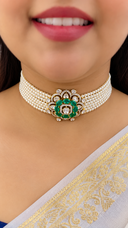 Designer 14 Karat Gold Natural Pearl With Emerald & Polki Choker Necklace Jewelry