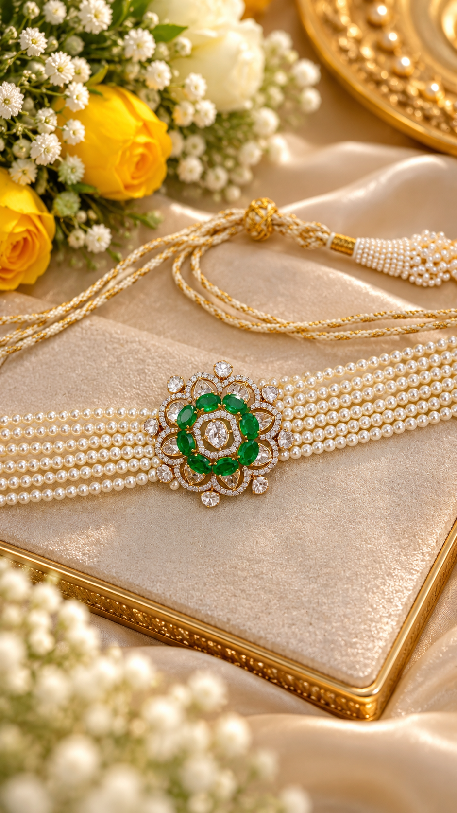 Designer 14 Karat Gold Natural Pearl With Emerald & Polki Choker Necklace Jewelry