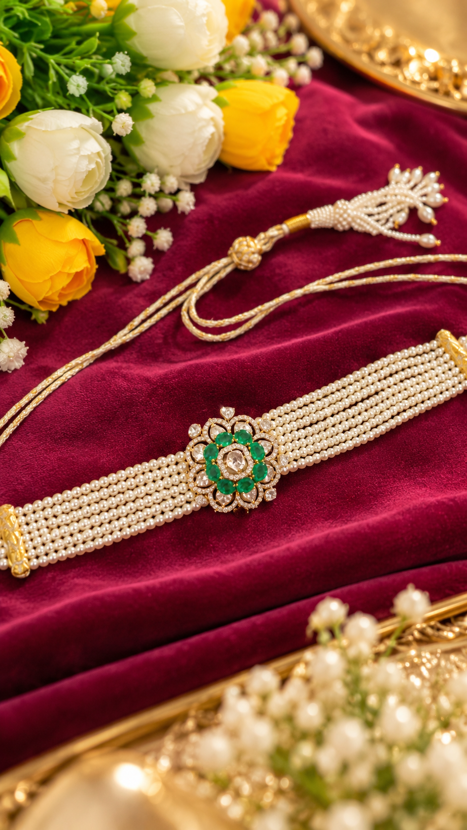Designer 14 Karat Gold Natural Pearl With Emerald & Polki Choker Necklace Jewelry