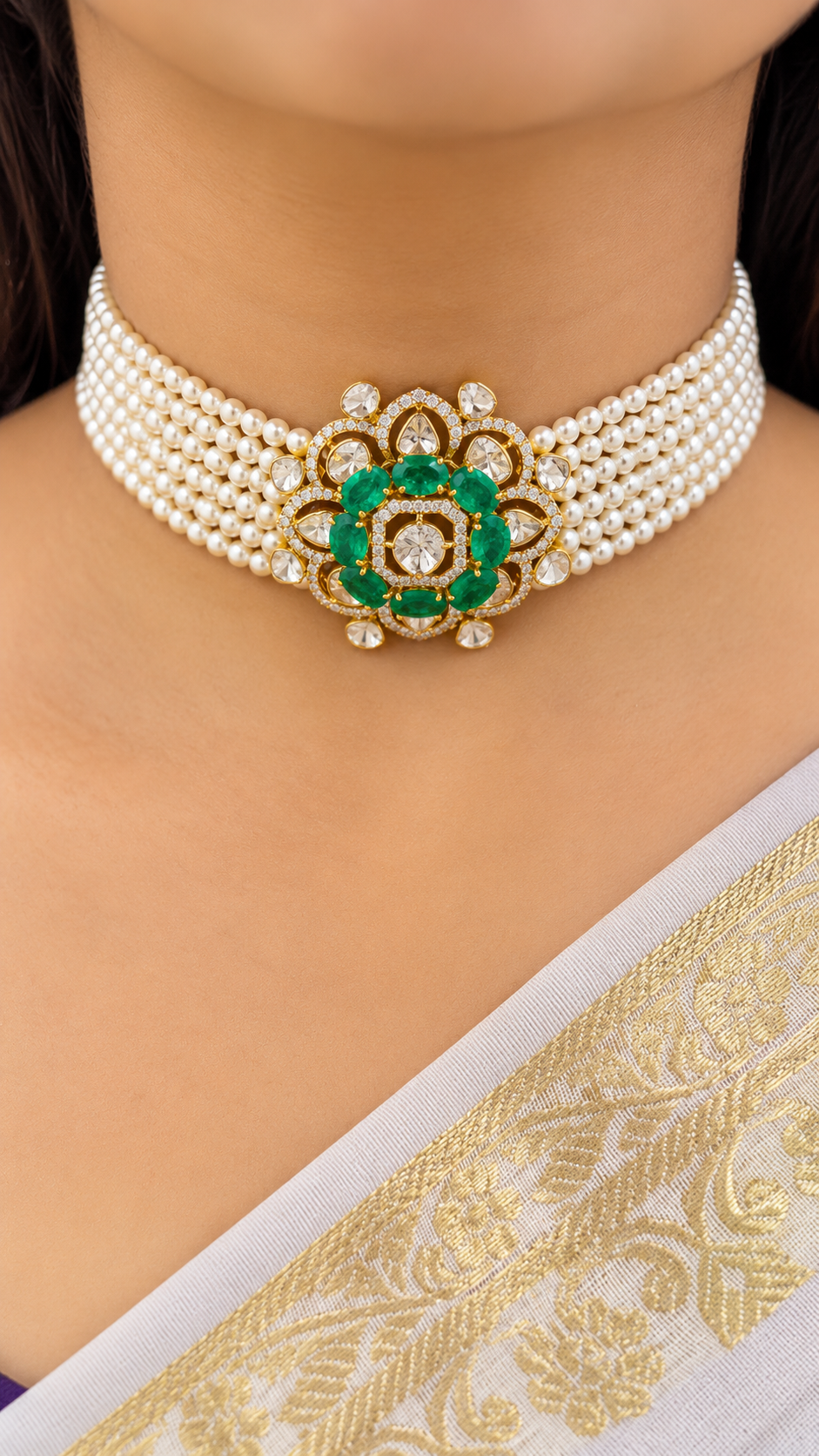 Designer 14 Karat Gold Natural Pearl With Emerald & Polki Choker Necklace Jewelry