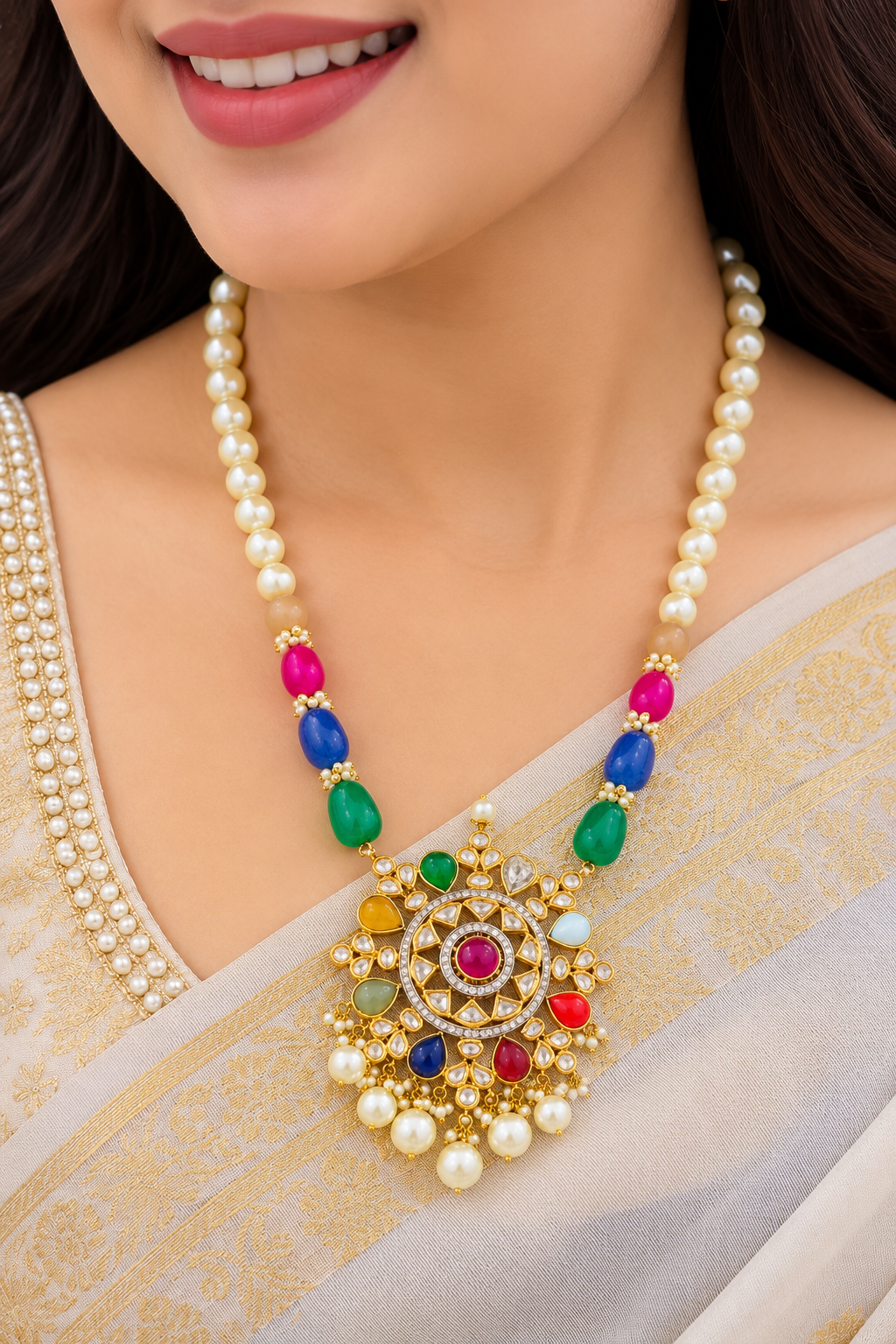 Designer 14 Karat Gold Navratan Necklace Jewelry
