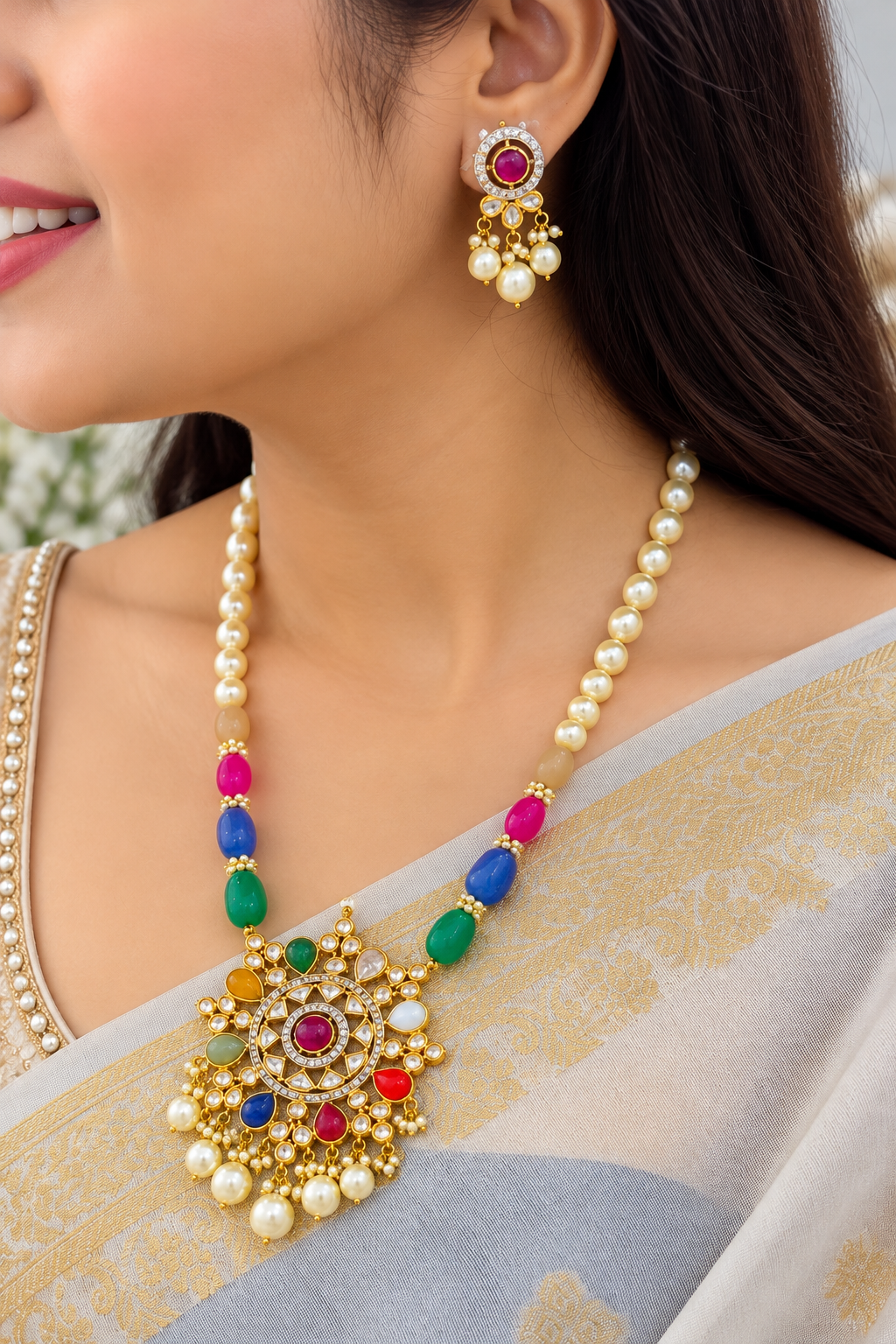 Designer 14 Karat Gold Navratan Necklace Jewelry