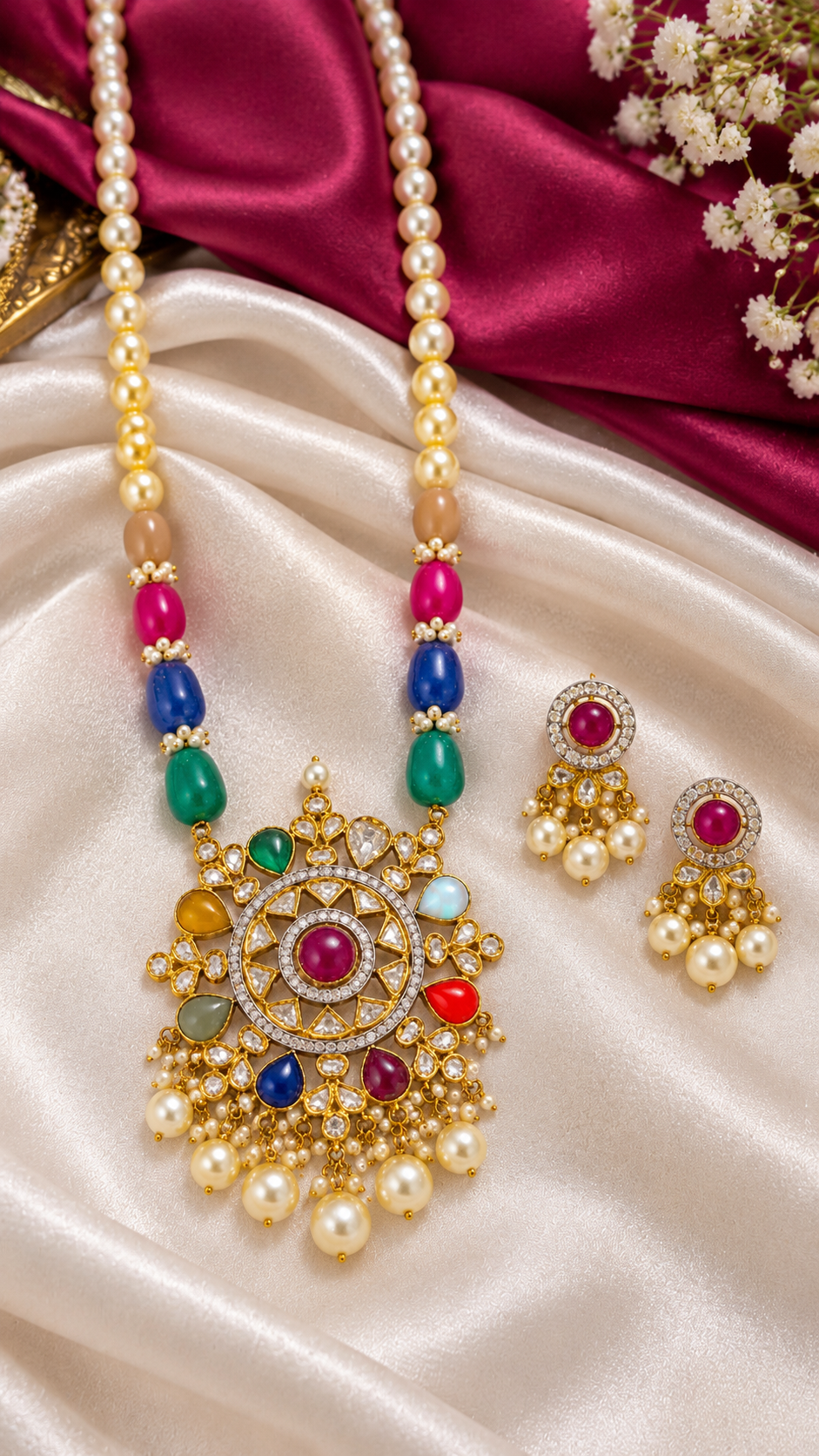 Designer 14 Karat Gold Navratan Necklace Jewelry