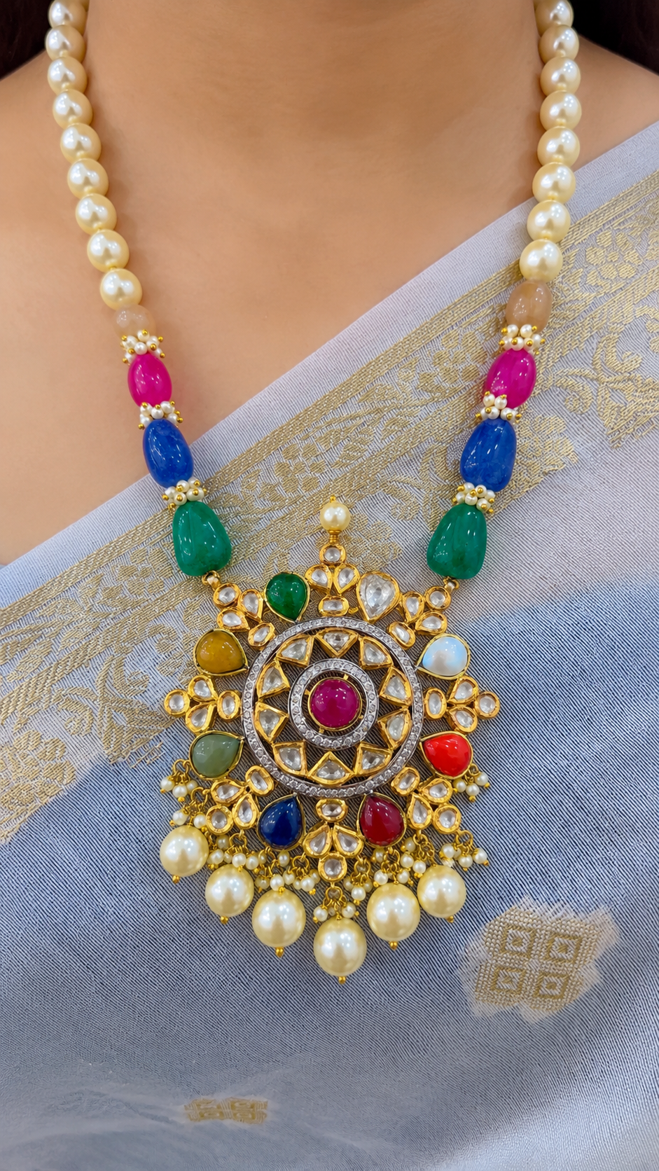Designer 14 Karat Gold Navratan Necklace Jewelry