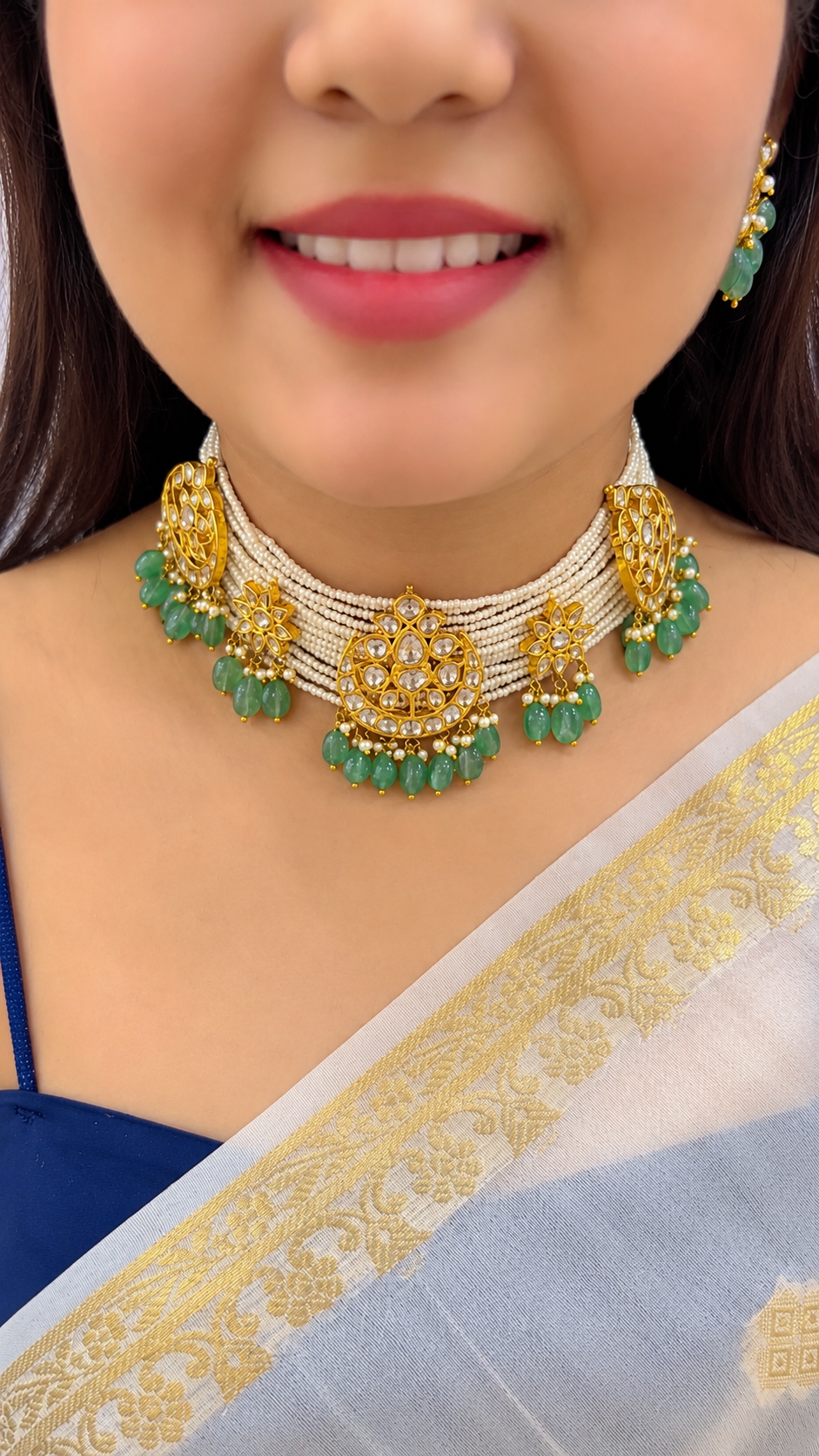 Designer 14 Karat Gold Natural Emerald Beads Polki Pendant Necklace