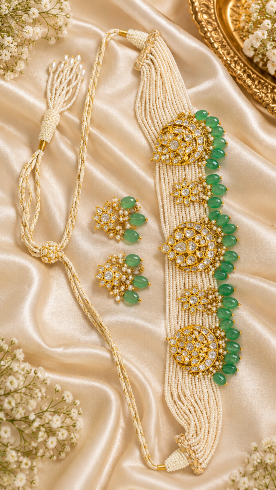 Designer 14 Karat Gold Natural Emerald Beads Polki Pendant Necklace