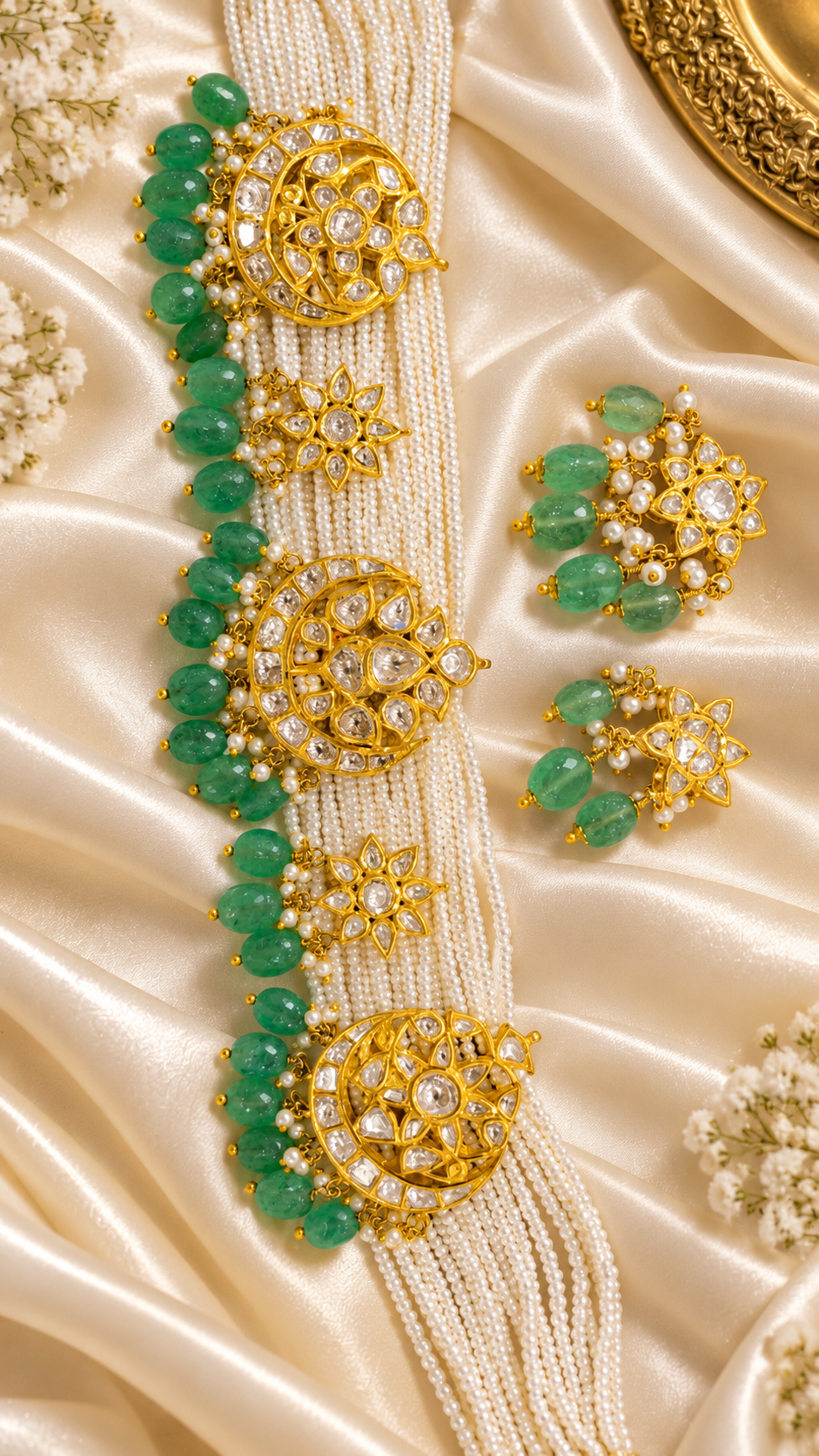 Designer 14 Karat Gold Natural Emerald Beads Polki Pendant Necklace