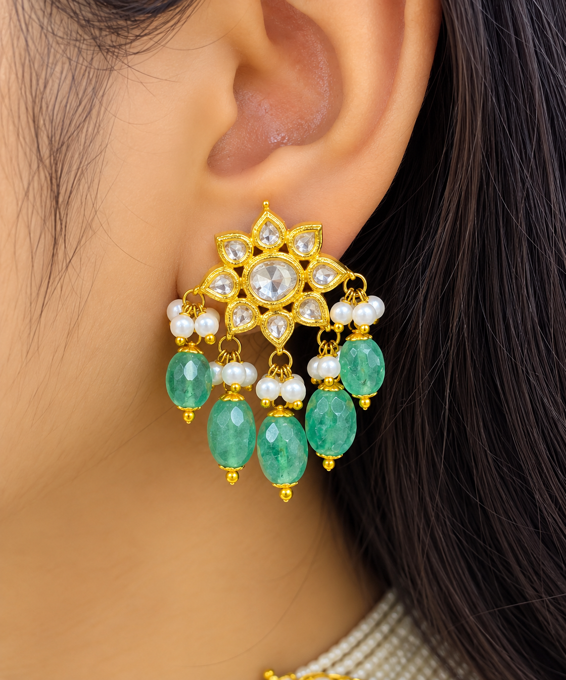 Designer 14 Karat Gold Natural Emerald Beads Polki Pendant Necklace
