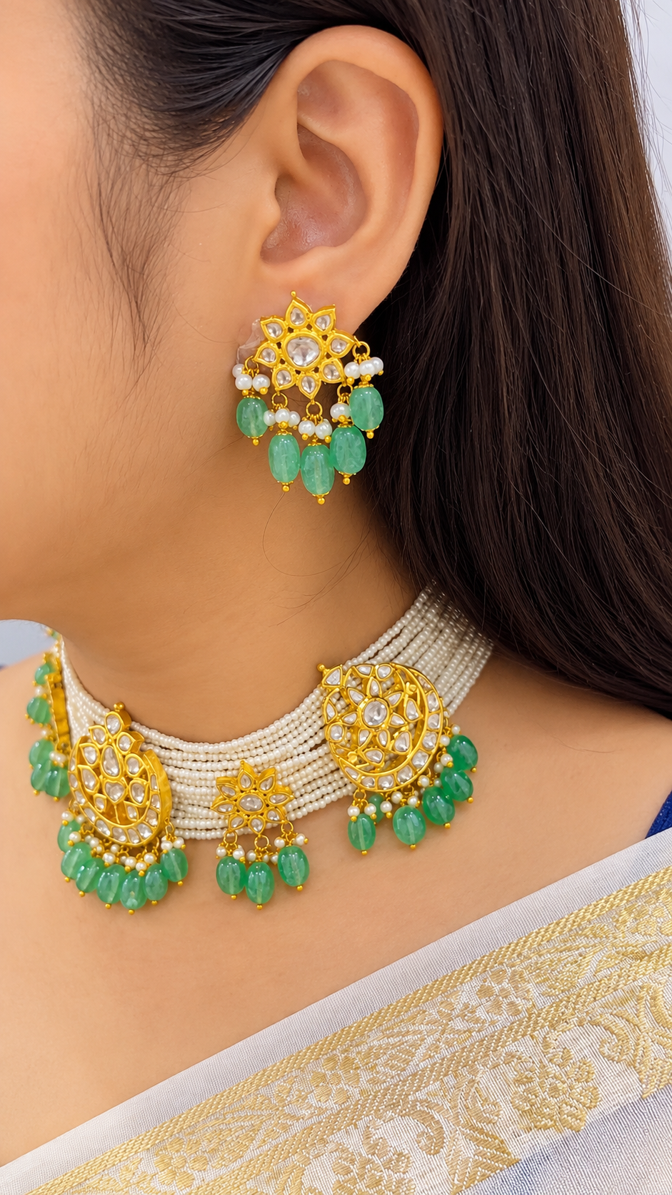 Designer 14 Karat Gold Natural Emerald Beads Polki Pendant Necklace