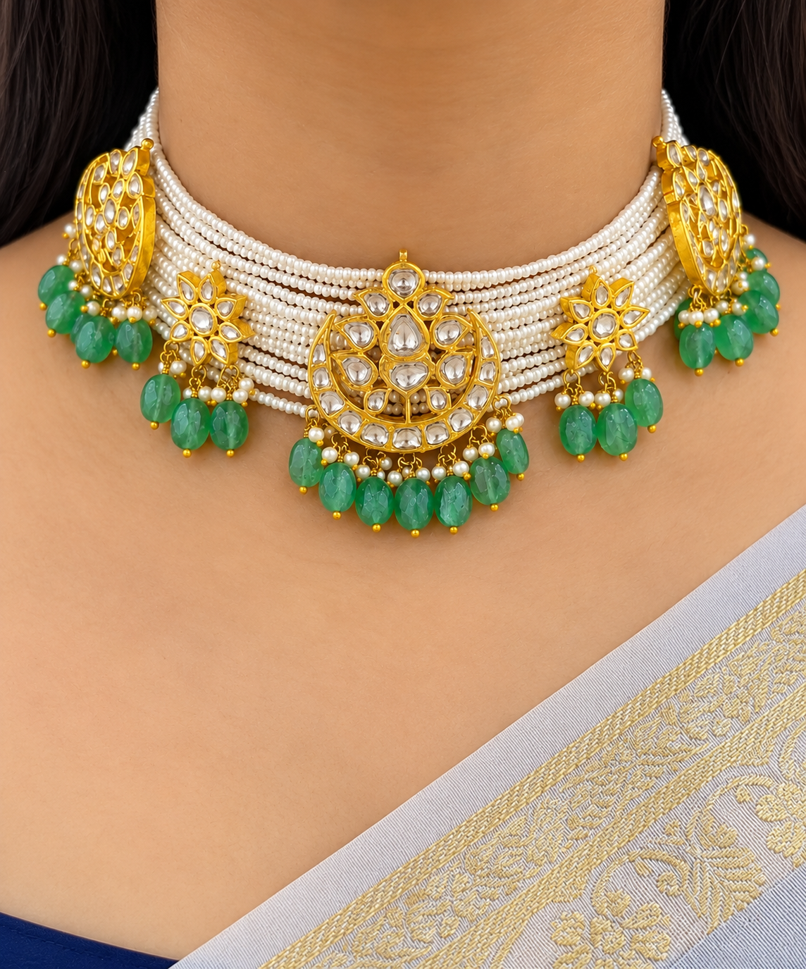 Designer 14 Karat Gold Natural Emerald Beads Polki Pendant Necklace
