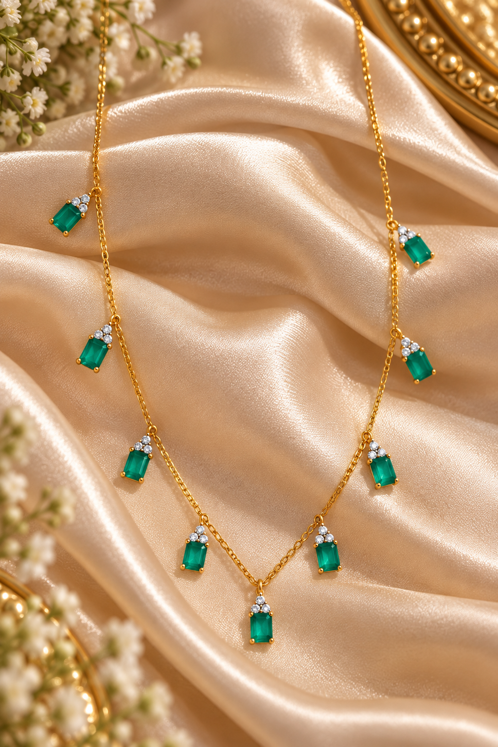 14K Gold Hallmarked With Natural Emerald Chain