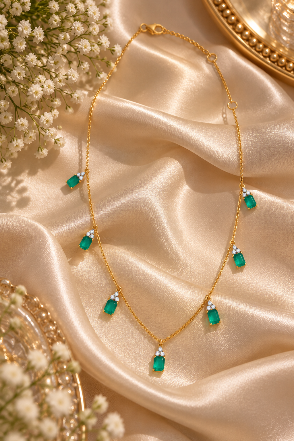 14K Gold Hallmarked With Natural Emerald Chain