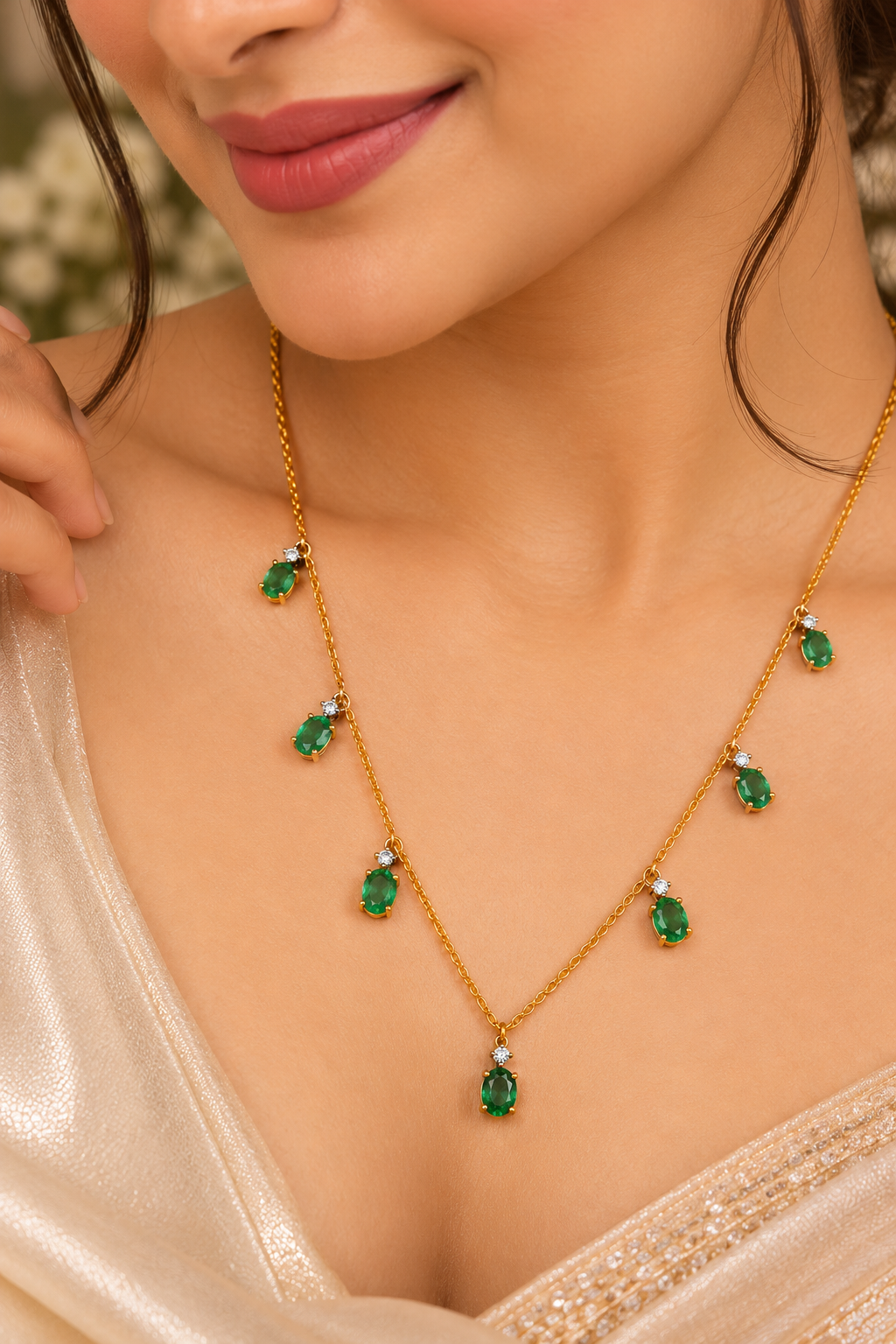 14K Gold Hallmarked With Natural Emerald Chain