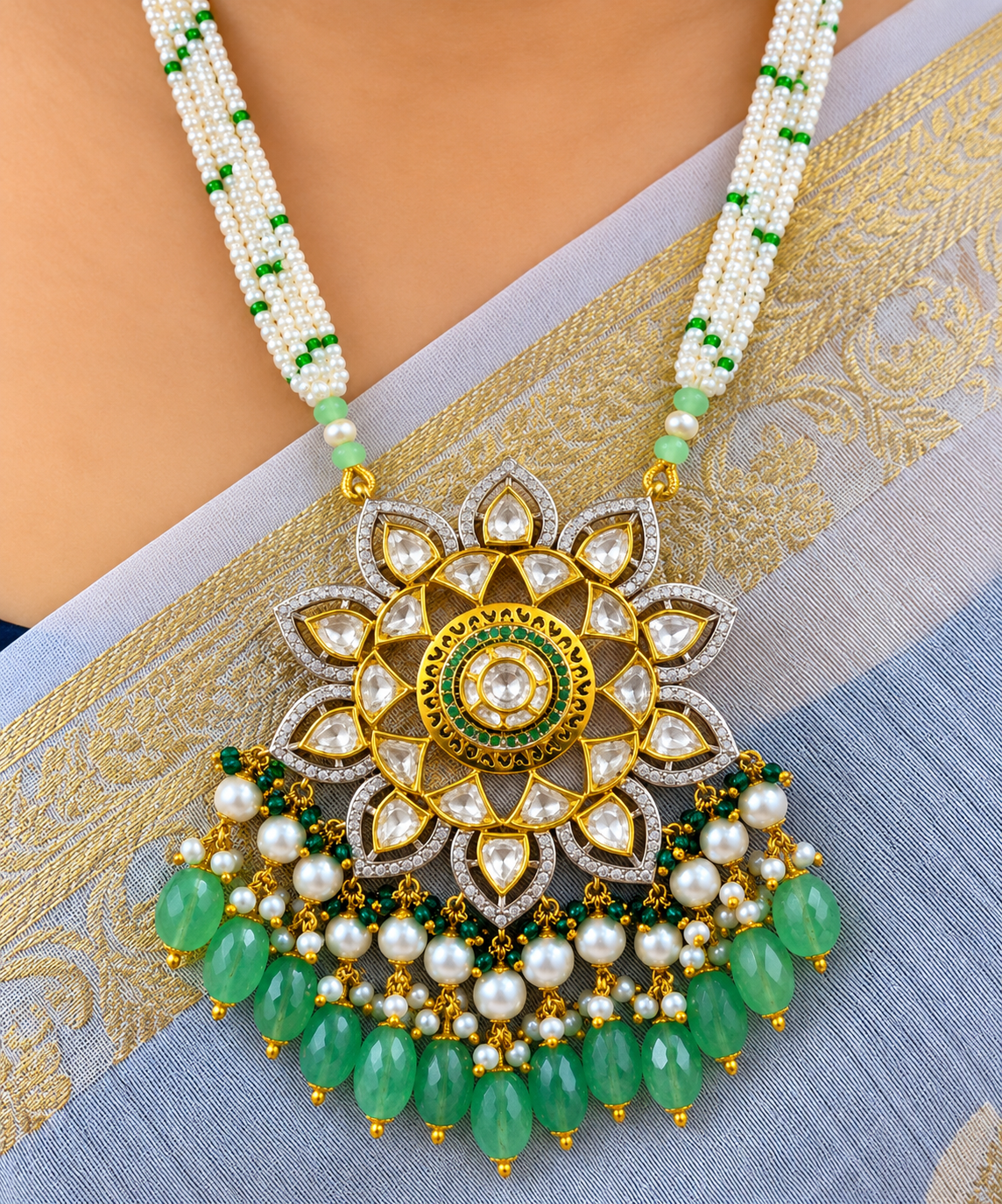 14K Gold Hallmarked Diamond Polki Necklace Jewelry