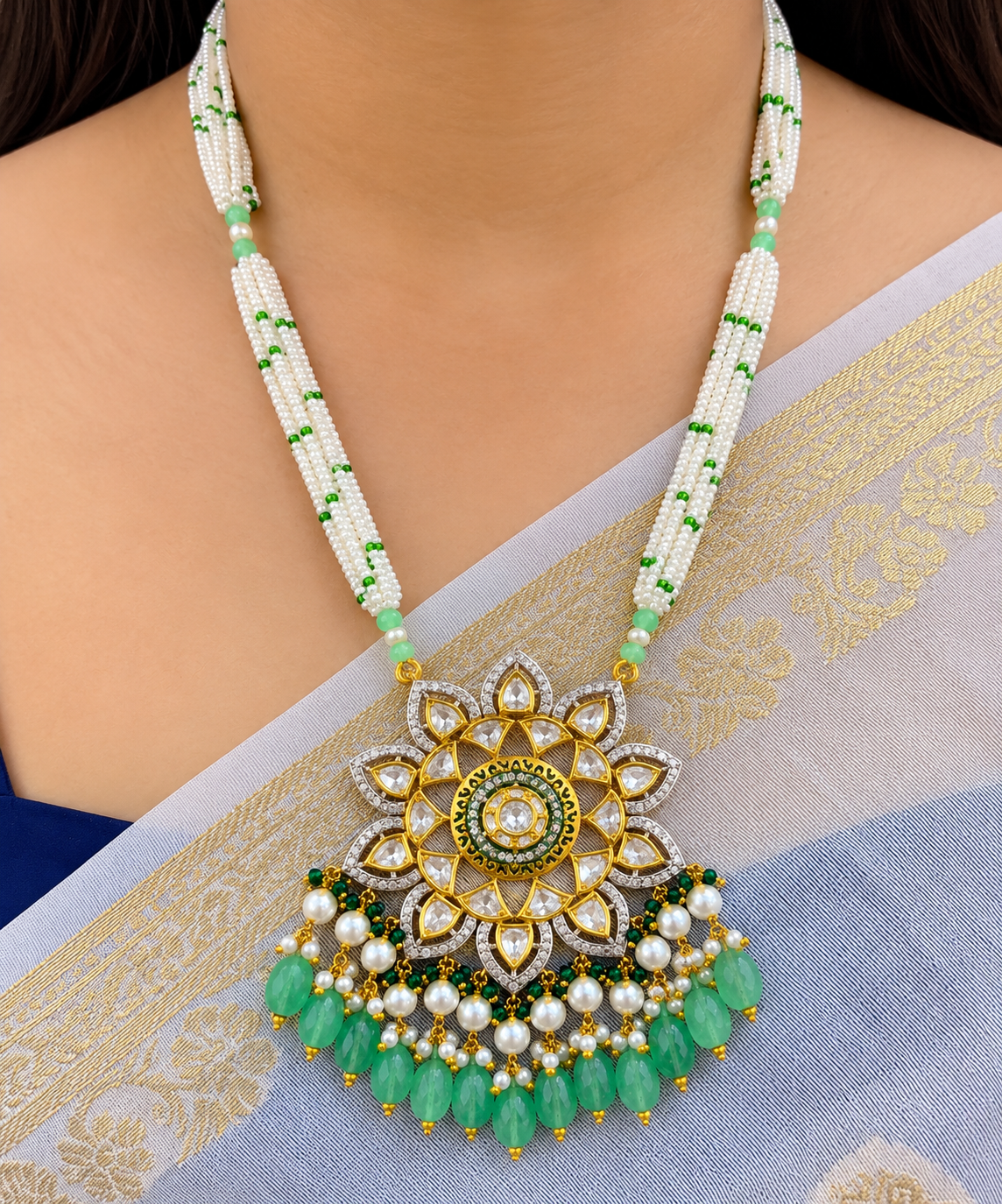 14K Gold Hallmarked Diamond Polki Necklace Jewelry