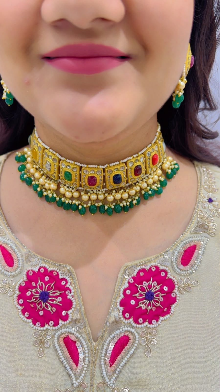 Designer 22 Karat Hallmarked Gold Necklace with Natural Diamond Polkis & Navratan gemstones