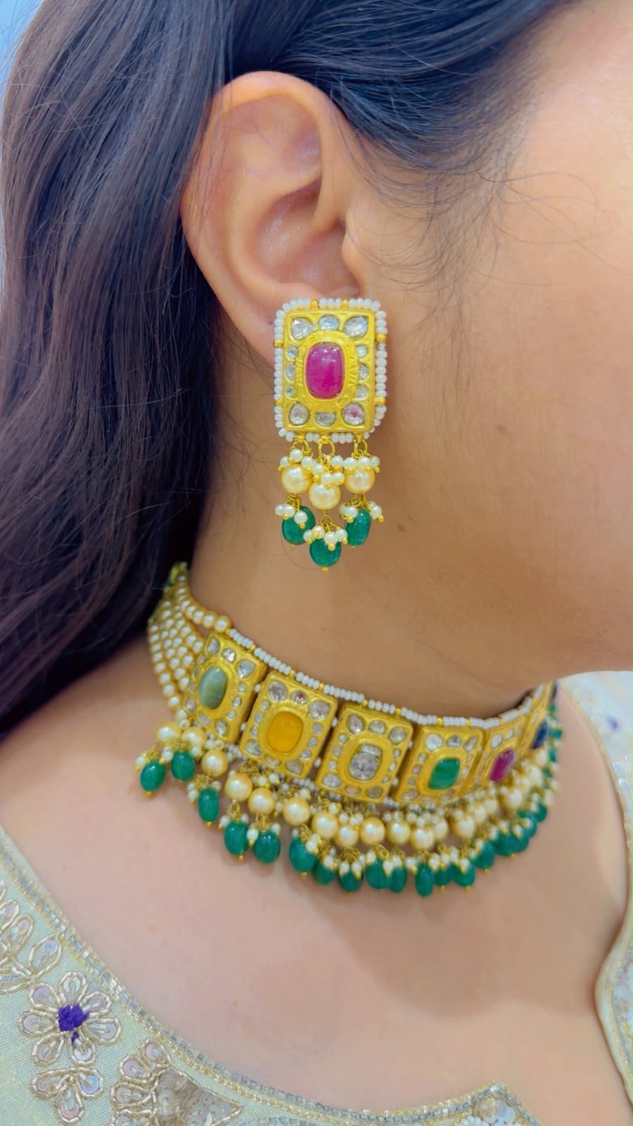 Designer 22 Karat Hallmarked Gold Necklace with Natural Diamond Polkis & Navratan gemstones