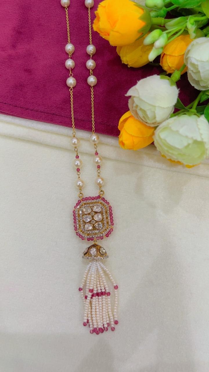 Designer 18 Karat Gold Tassel Necklace With Natural Diamond Polki