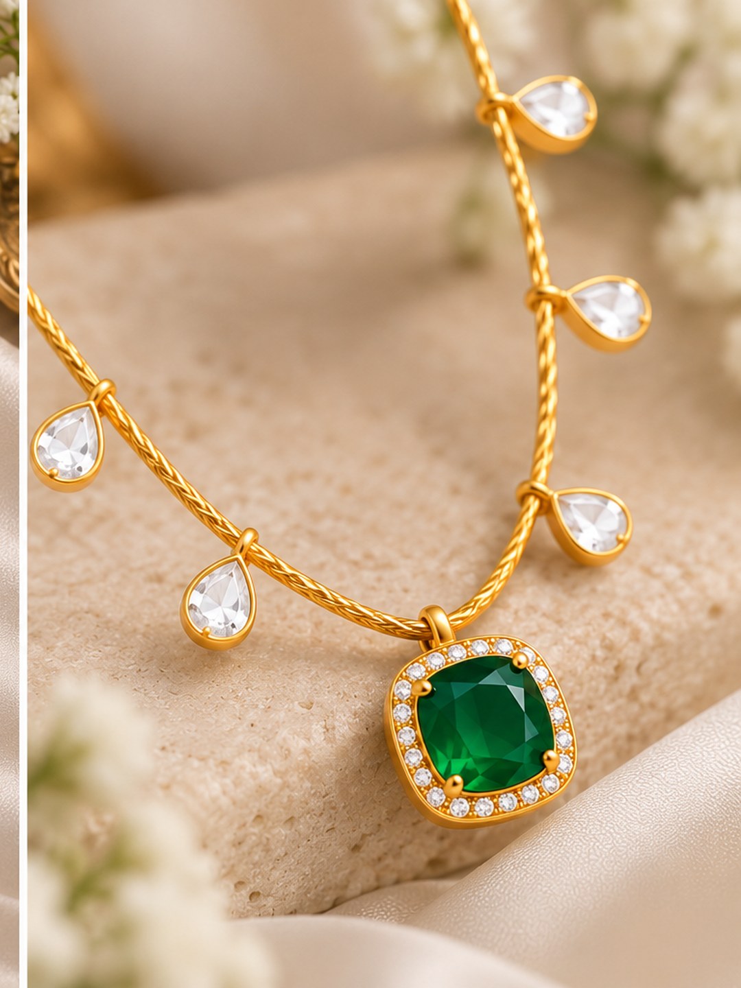925 Sterling Silver Gold Plated Designer Chain Necklace With Green Stone Pendant & White Teardrop Stones