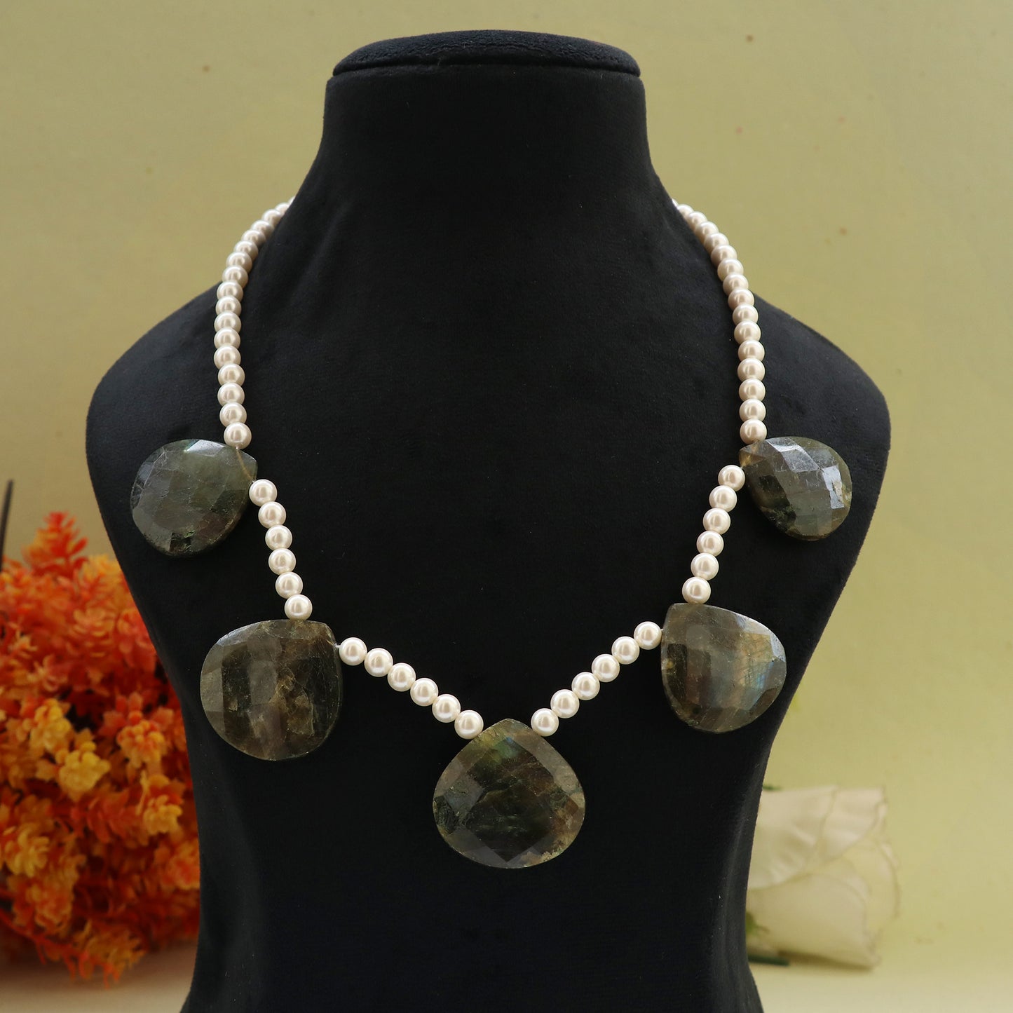 Natural Labradorite & Fresh water Pearl Gemstone Heart & Round Beaded Necklace