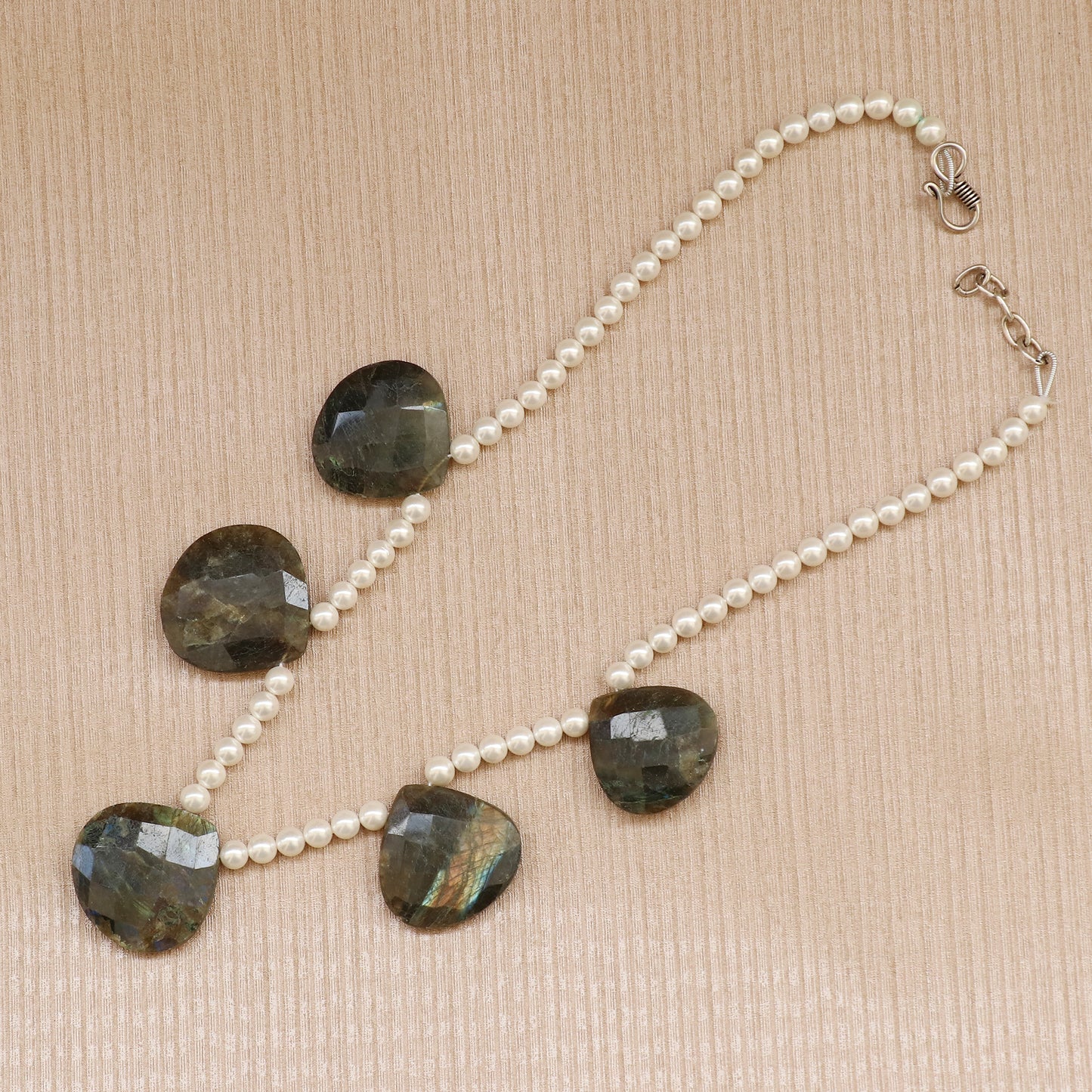Natural Labradorite & Fresh water Pearl Gemstone Heart & Round Beaded Necklace